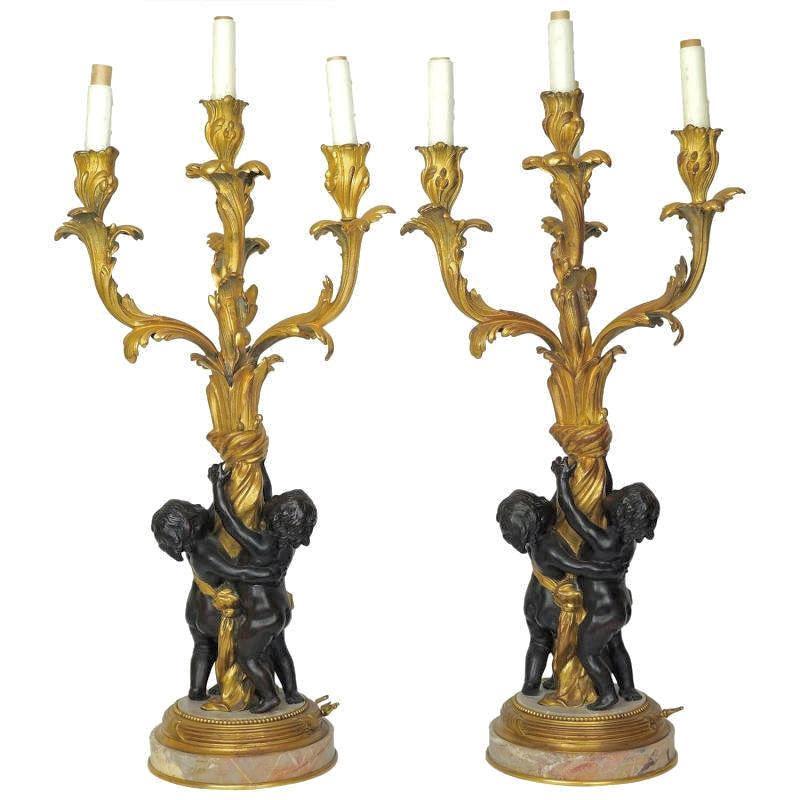 Pair Antique Edward Caldwell Gilt Bronze Neoclassical Candelabra Table Lamps
