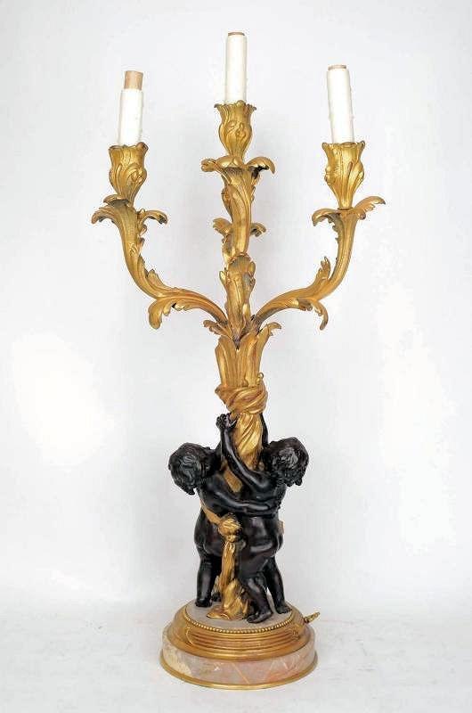 Pair Antique Edward Caldwell Gilt Bronze Neoclassical Candelabra Table Lamps