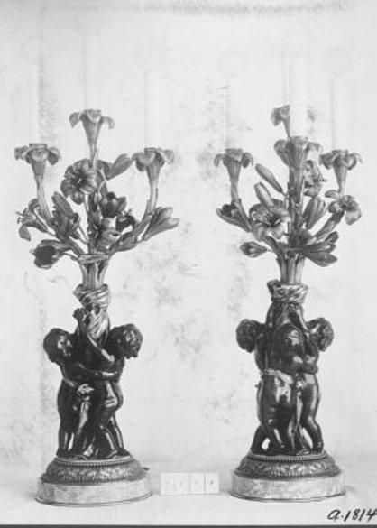 Pair Antique Edward Caldwell Gilt Bronze Neoclassical Candelabra Table Lamps