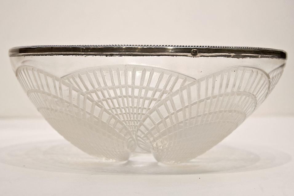 Lalique Coquilles Art Deco Silver Mounted Opalescent Glass Bowl