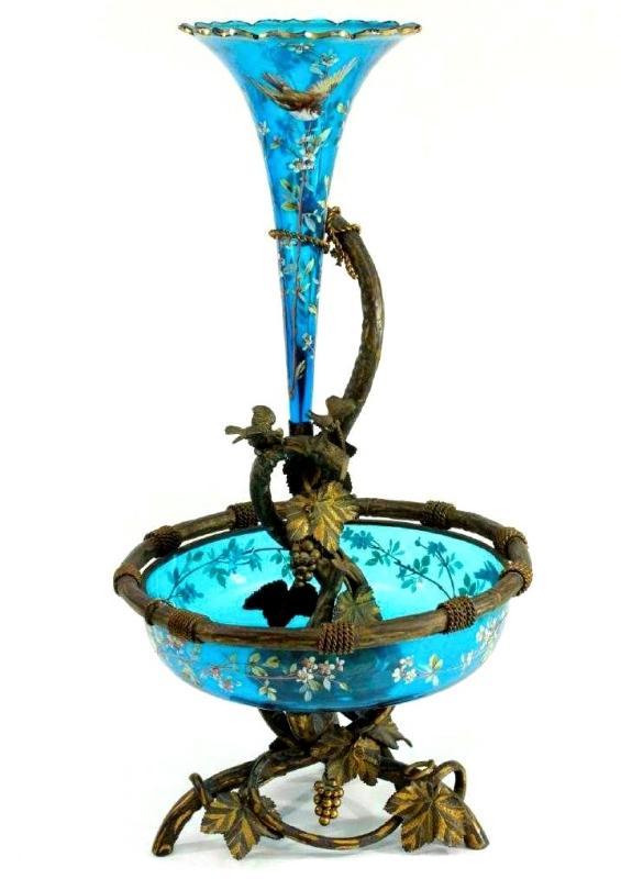 Antique Austrian Art Nouveau Bronze and Enameled Glass Epergne