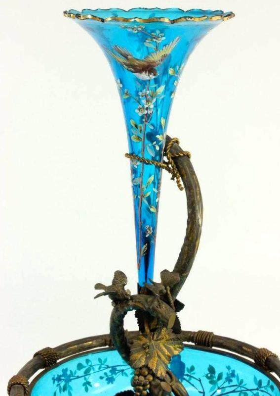 Antique Austrian Art Nouveau Bronze and Enameled Glass Epergne