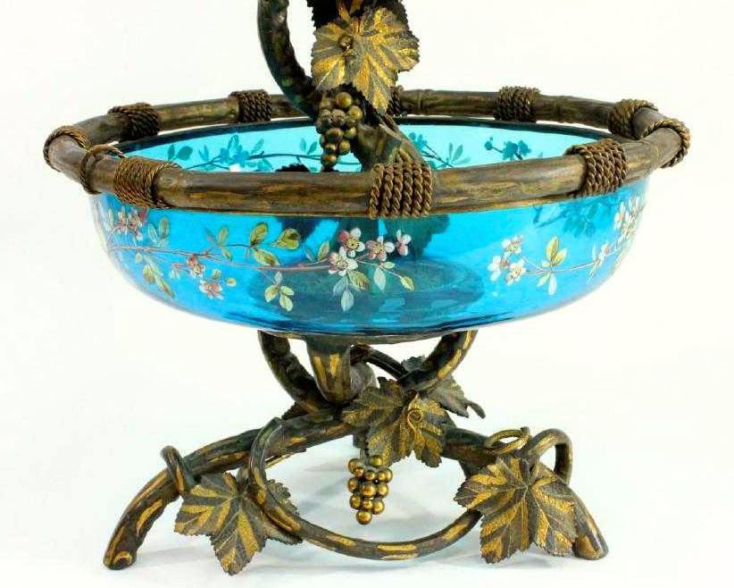 Antique Austrian Art Nouveau Bronze and Enameled Glass Epergne
