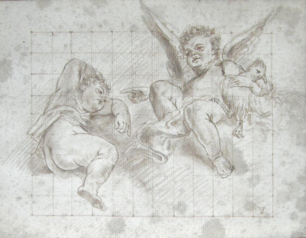 Neoclassical Cupids Ink Drawing Attributed to Marcantonio Franceschini (1648-1729)