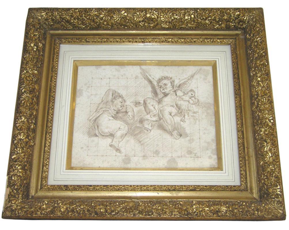 Neoclassical Cupids Ink Drawing Attributed to Marcantonio Franceschini (1648-1729)