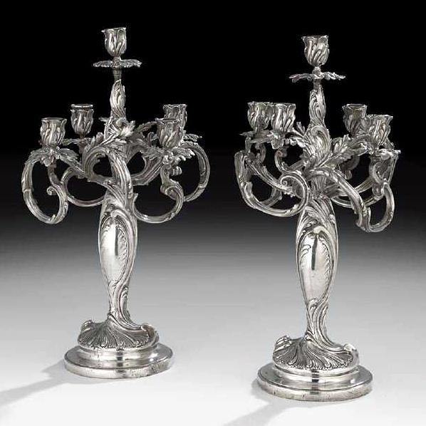Pair Antique Silverplated Bronze Candelabra in French Rococo Style