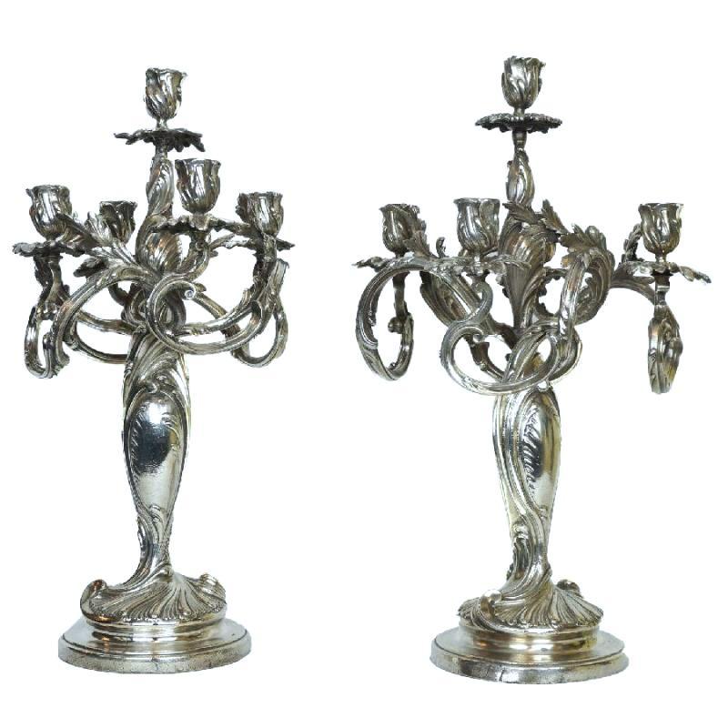Pair Antique Silverplated Bronze Candelabra in French Rococo Style