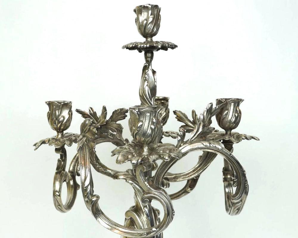 Pair Antique Silverplated Bronze Candelabra in French Rococo Style