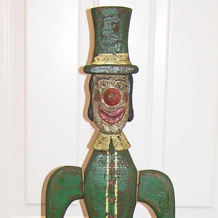 Antique Wooden Carved and Painted Clown Whirligig