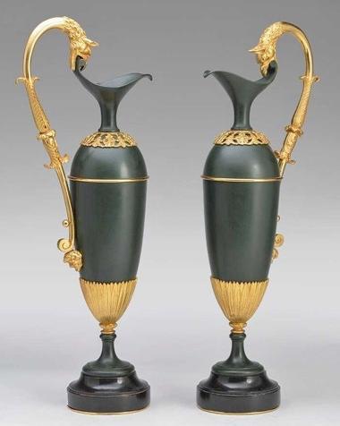 Pair Antique French Empire Patinated & Gilt Bronze Ewers Urns in Manner of Andre-Antoine Ravrio