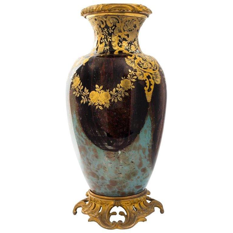 Antique Parcel Gilt and Bronze Mounted Mottled Glass Vase