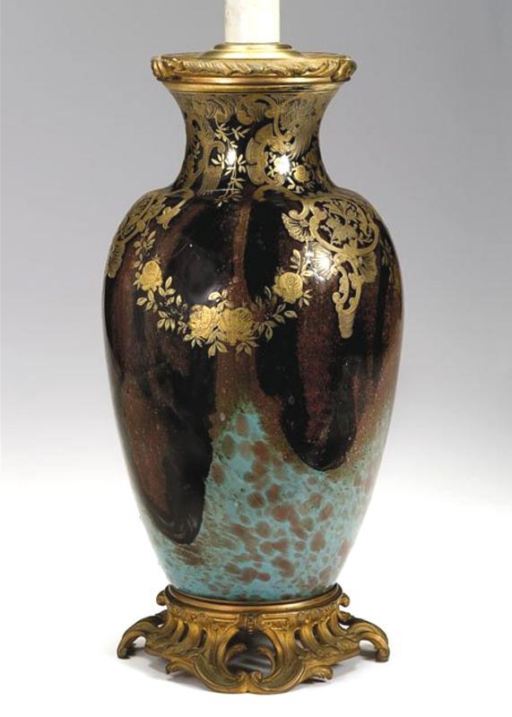 Antique Parcel Gilt and Bronze Mounted Mottled Glass Vase