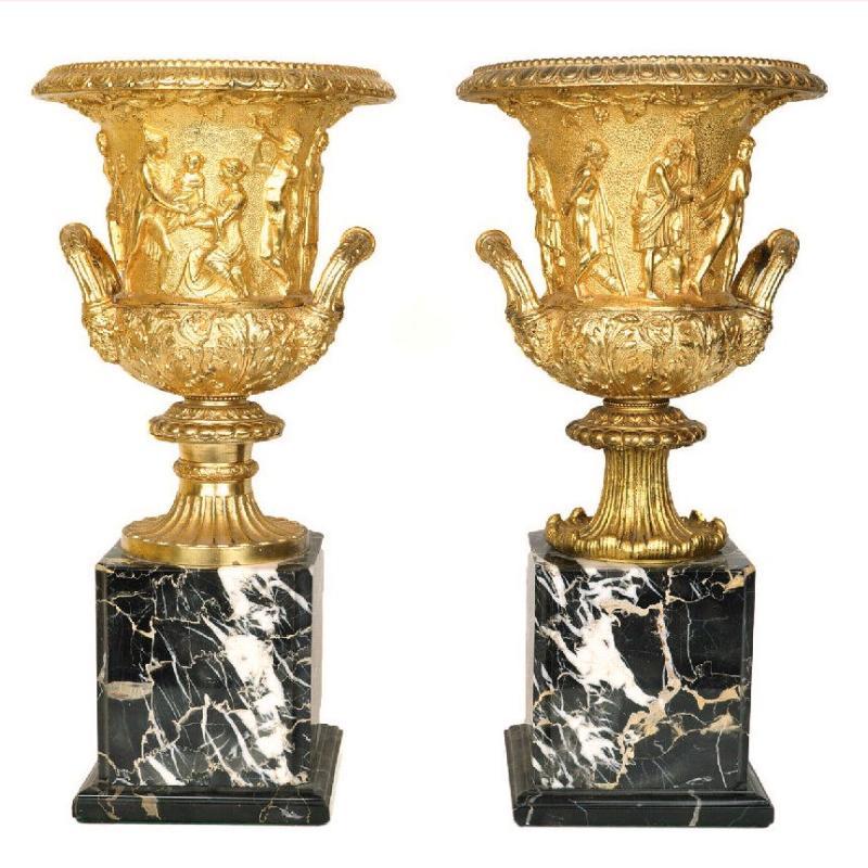 Pair Antique Bronze & Marble Vases After the Ancient Greek Medici