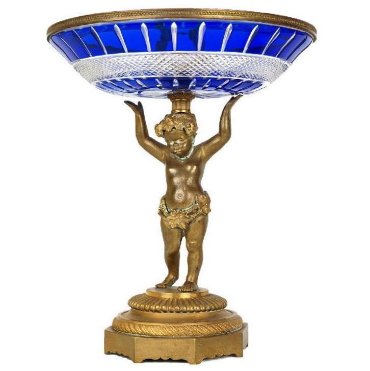 Russian Style Blue Cut Glass and Bronze Tazza Candy Dishes