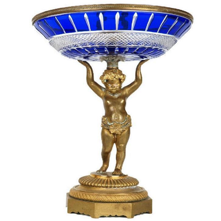Russian Style Blue Cut Glass and Bronze Tazza Candy Dishes