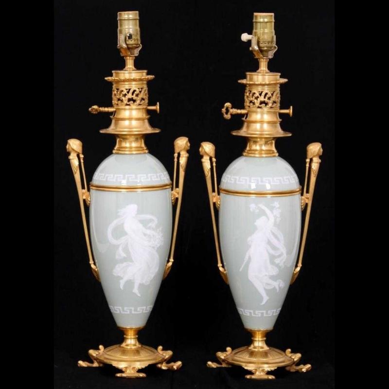 Pair Egyptian Neoclassical Pate-sur-pate Porcelain Table Lamps