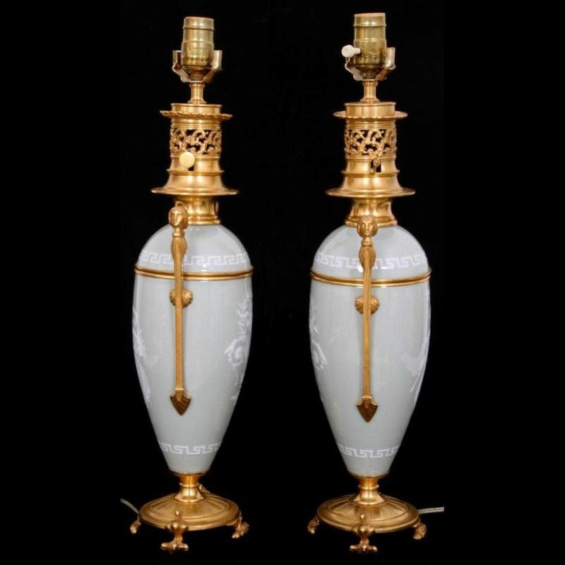 Pair Egyptian Neoclassical Pate-sur-pate Porcelain Table Lamps