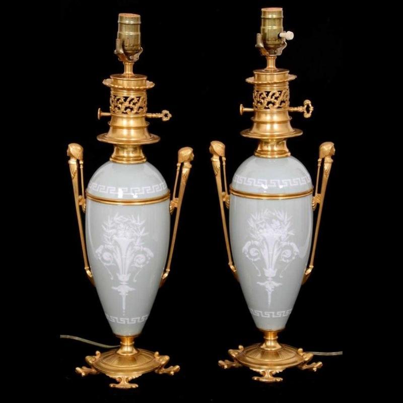 Pair Egyptian Neoclassical Pate-sur-pate Porcelain Table Lamps