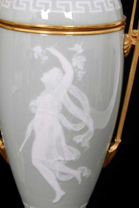 Pair Egyptian Neoclassical Pate-sur-pate Porcelain Table Lamps