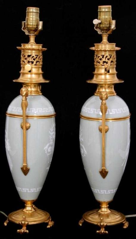 Pair Egyptian Neoclassical Pate-sur-pate Porcelain Table Lamps