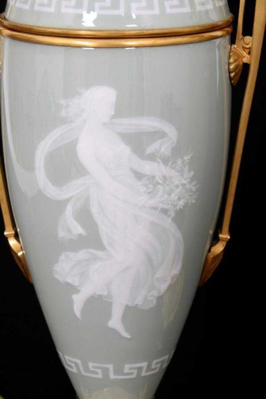 Pair Egyptian Neoclassical Pate-sur-pate Porcelain Table Lamps