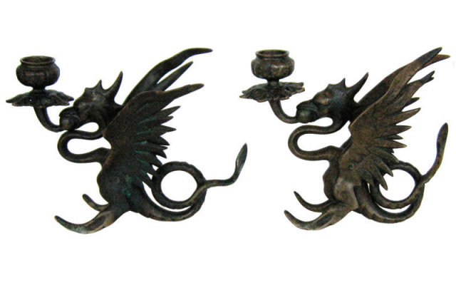 Pair Tiffany & Co Bronze Griffin Candlesticks