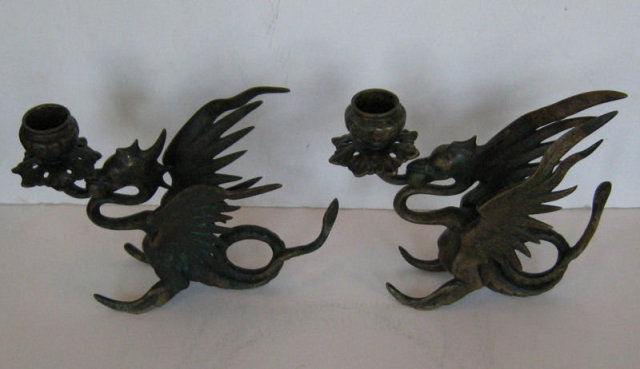 Pair Tiffany & Co Bronze Griffin Candlesticks