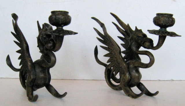 Pair Tiffany & Co Bronze Griffin Candlesticks