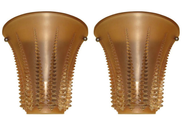 Pair Art Deco Amber Glass Wall Sconces