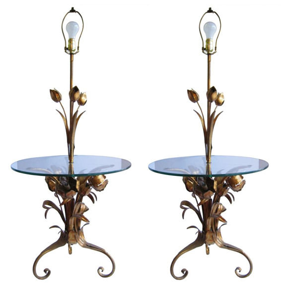 Mid-Century Floral Tole Metal Floor Lamps