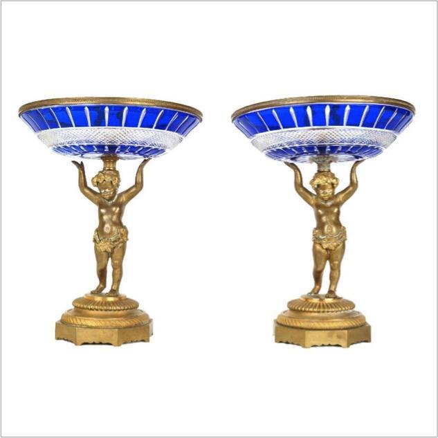 Russian Style Blue Cut Glass and Bronze Tazza Candy Dishes