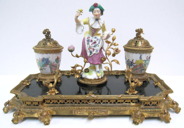 Continental Porcelain Bronze Brass Inkwell
