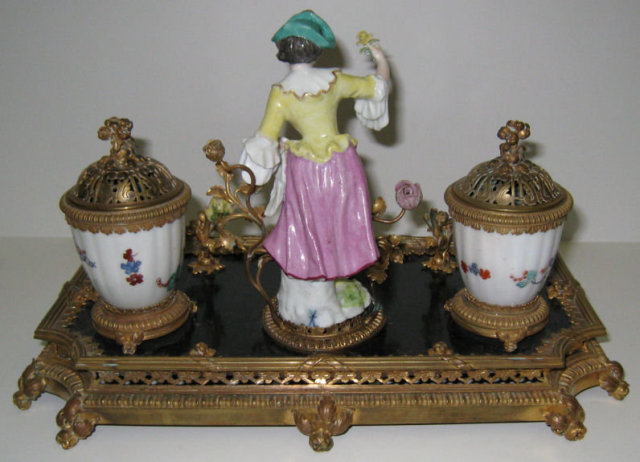 Continental Porcelain Bronze Brass Inkwell