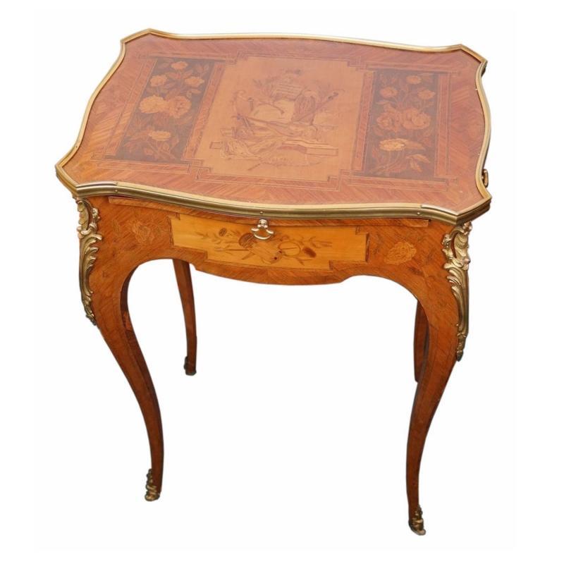 Antique French Louis XV Style Marquestry Inlaid Writing Table
