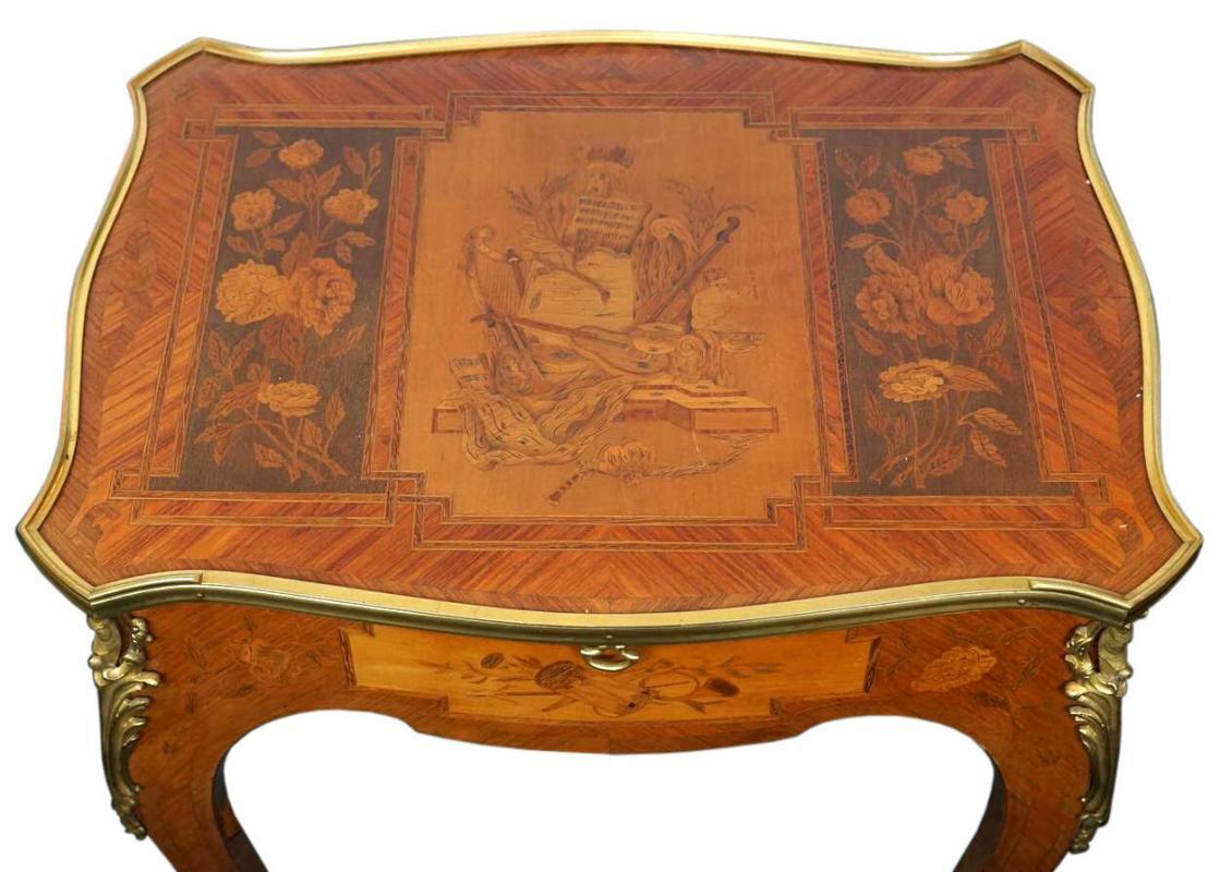 Antique French Louis XV Style Marquestry Inlaid Writing Table