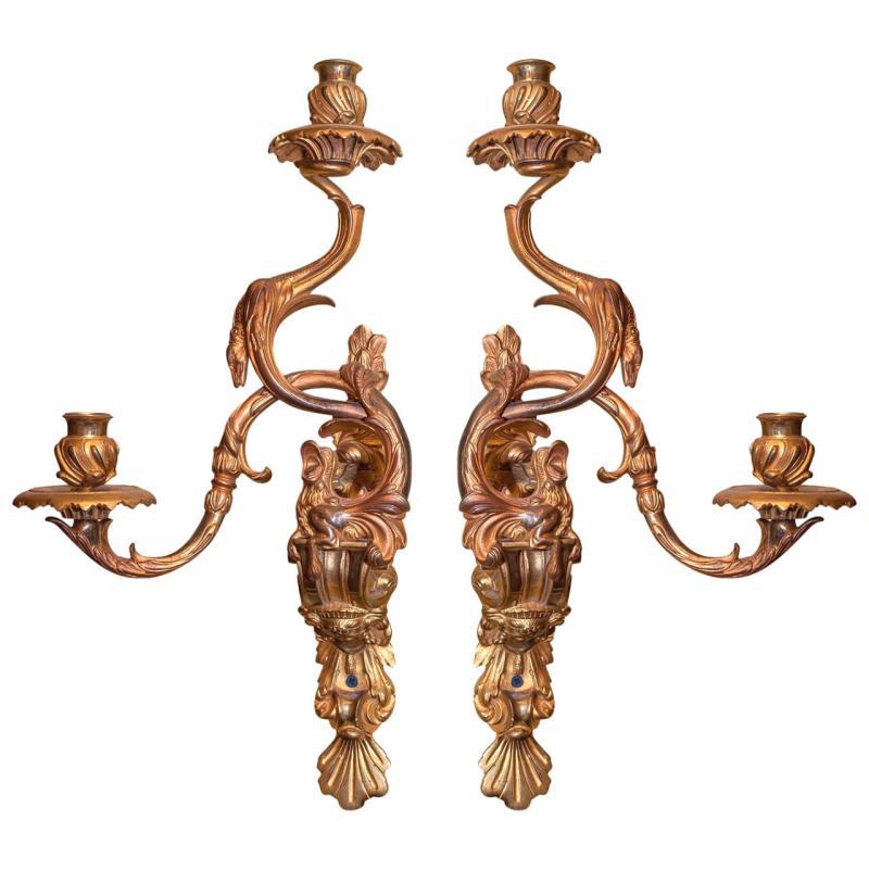 Pair Louis XV Rococo Style Gilt Bronze Sconces