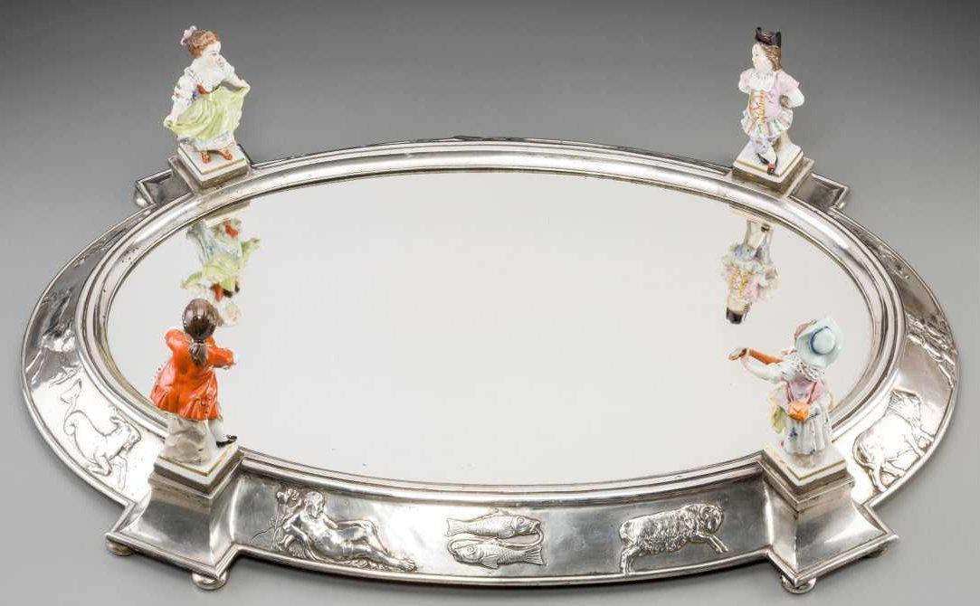 Silver and Figurative Porcelain Plateau Surtout de Table
