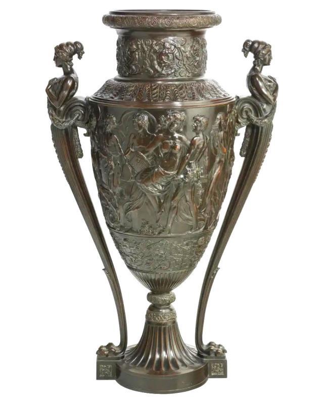 Palatial Neoclassical Bronze Vase with Bacchanal Theme