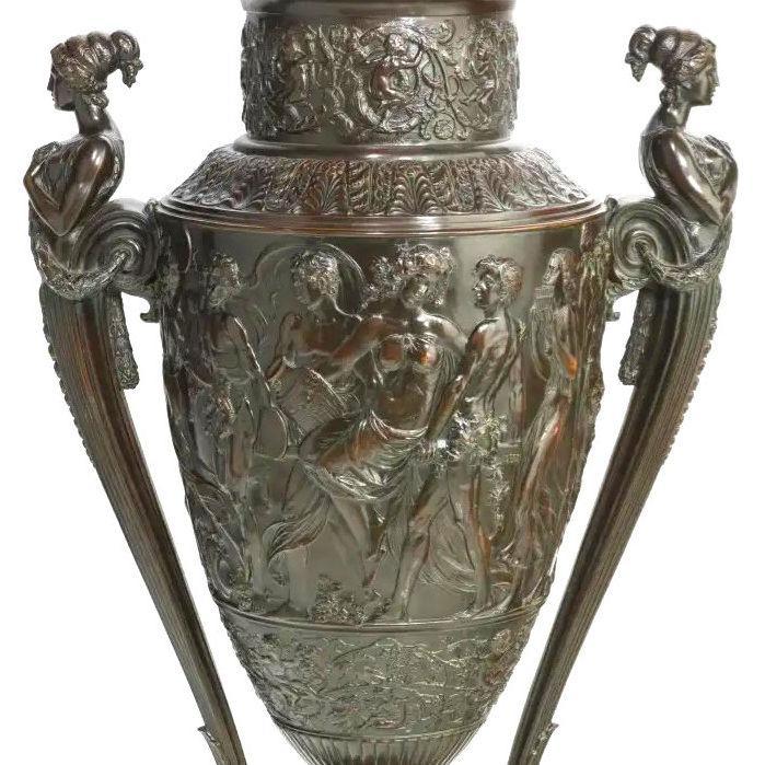 Palatial Neoclassical Bronze Vase with Bacchanal Theme