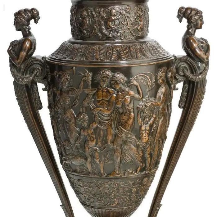 Palatial Neoclassical Bronze Vase with Bacchanal Theme