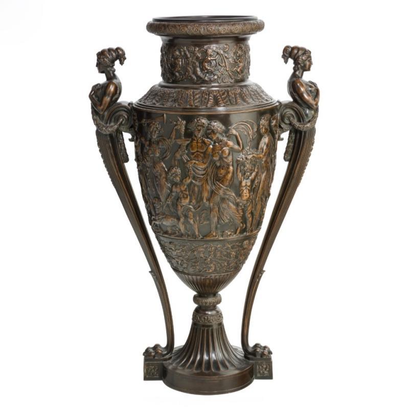 Palatial Neoclassical Bronze Vase with Bacchanal Theme