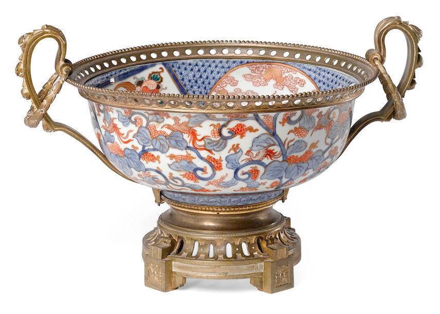 Antique Japanese Imari Centerpiece Bowl with Bronze Handles & Mounts