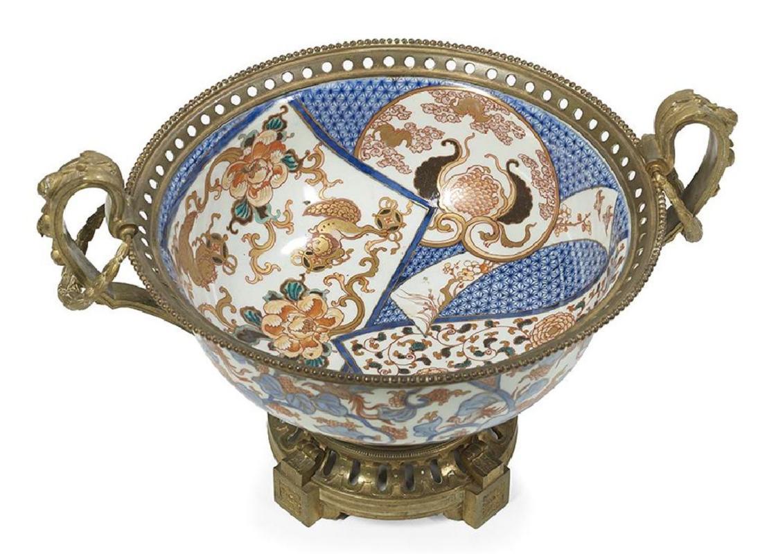 Antique Japanese Imari Centerpiece Bowl with Bronze Handles & Mounts