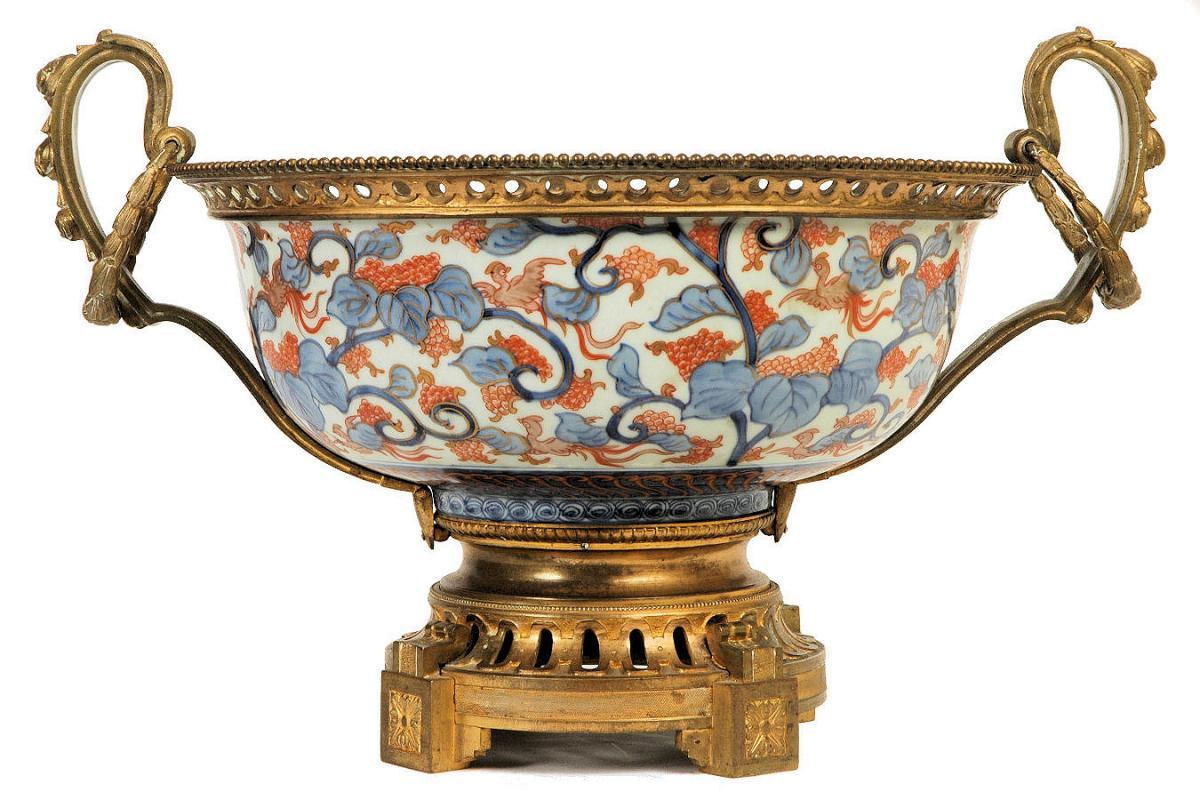 Antique Japanese Imari Centerpiece Bowl with Bronze Handles & Mounts