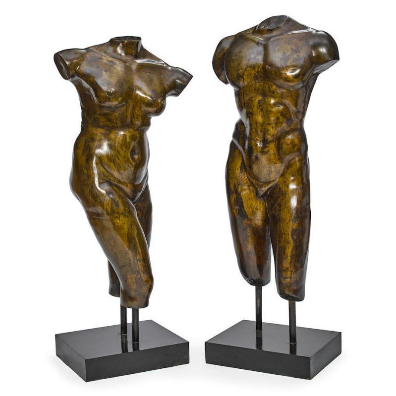 Lifesize Bronze Female and Male Torsos After the Antique