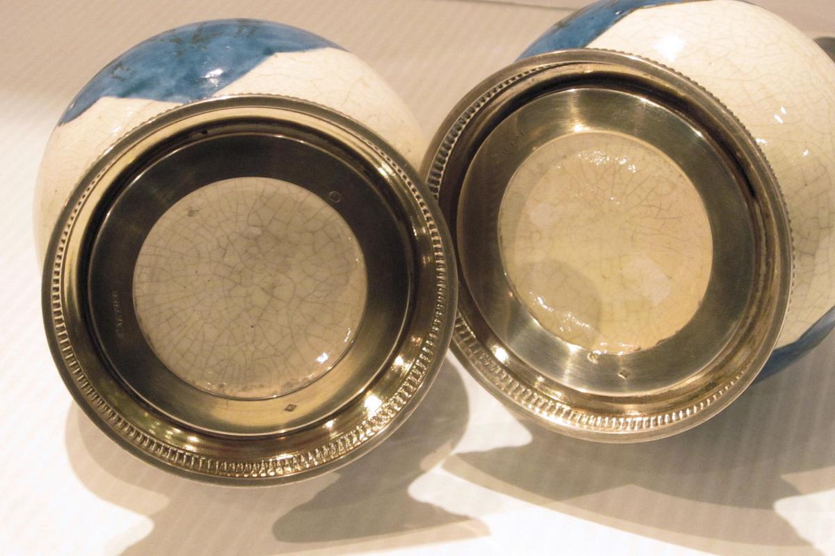 Pair Emile Puiforcat Silver-Mounted Kashan Persian Style Glazed Pottery Vases from Cartier