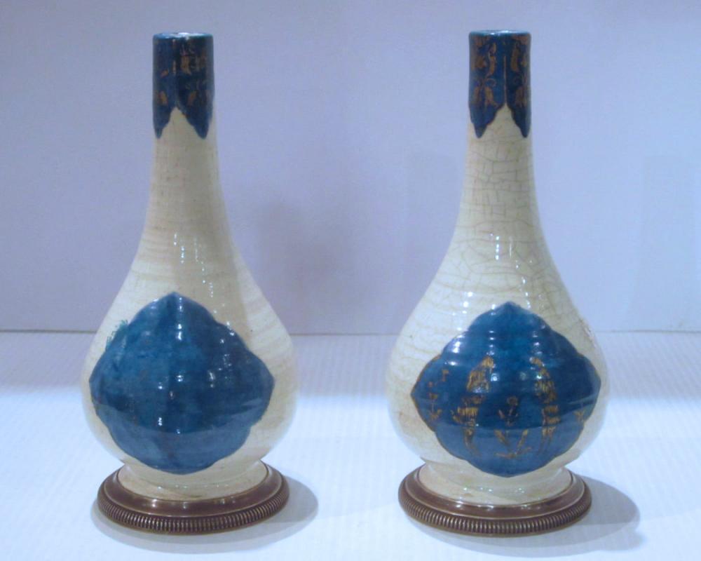 Pair Emile Puiforcat Silver-Mounted Kashan Persian Style Glazed Pottery Vases from Cartier