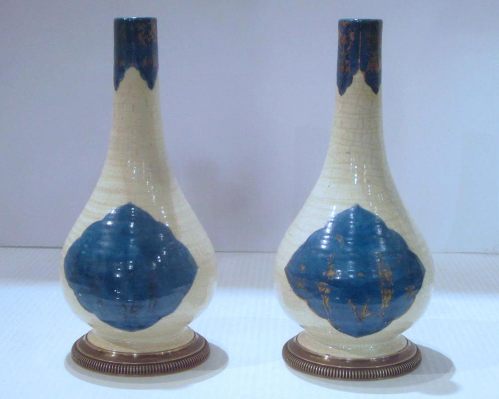 Pair Emile Puiforcat Silver-Mounted Kashan Persian Style Glazed Pottery Vases from Cartier