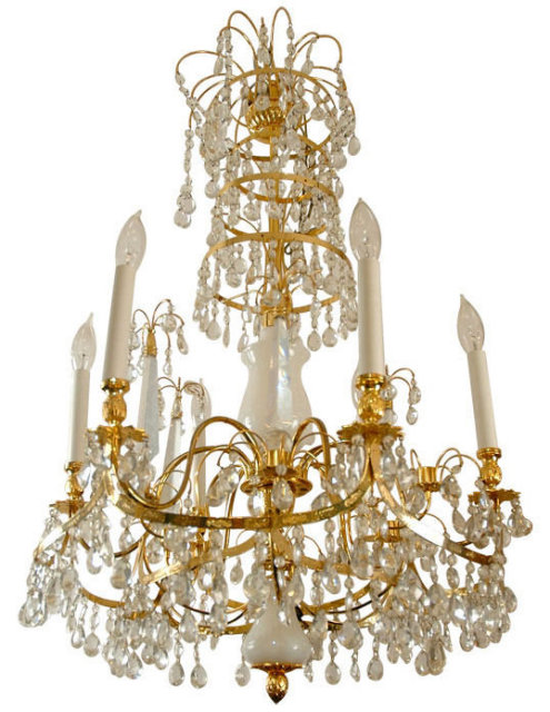 Russian Baltic Style Opaline Glass & Gilt Bronze Chandelier