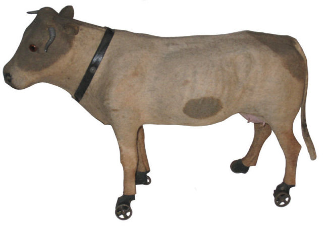 Papier Mache Felt Bull Folk Art Pull Toy